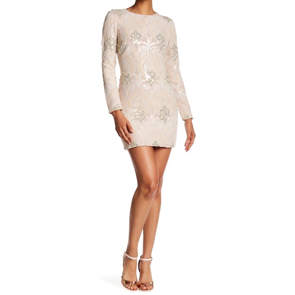 Dress the Population Emery Sequin Long Sleeve Mini Dress Blush Gold Medium